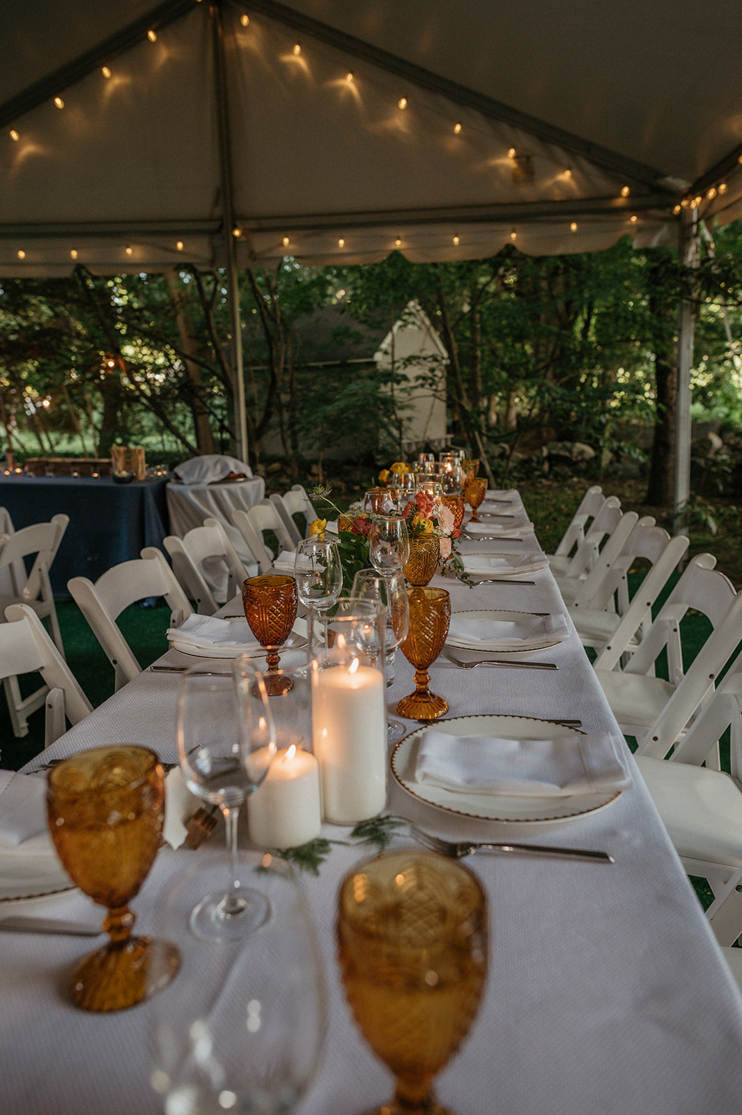 Backyard wedding reception dinner centerpiece flowers natural elegant vibrant simple