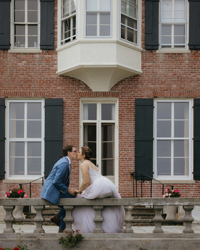 Bride groom Boston wedding estate outdoor balcony romantic